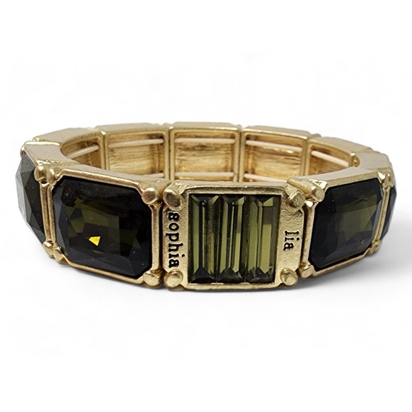 Lia Sophia Matte Gold Stretch Bracelet Versailles w/ Olive Green Cut Crystals - Picture 1 of 6